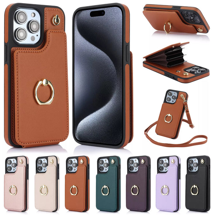 For iPhone 16 Pro Max/16 Crossbody Organ Card Wallet Ring Stand Case