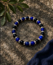 Load image into Gallery viewer, STRESS RELIEF &amp; GROUNDING 8mm Blue Tiger Eye Bracelet with Black Onyx, Natural Crystal Energy Jewelry, Minimalist Unisex Stacking Gift