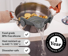 Load image into Gallery viewer, GW Easy Clip-On Pot Strainer Heat Resistant Adjustable Colander Silicone Pasta Drainer for Kitchen, Gray
