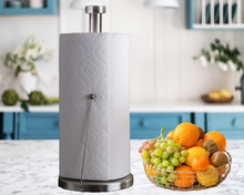 Load image into Gallery viewer, GW Tension Arm Standing Paper Towel Holder with Non-Slip Weighted Base for Countertop Kitchen, Bathroom, Durable Stainless Steel One-Handed Operation Paper Towels Rolls Dispenser, Silver