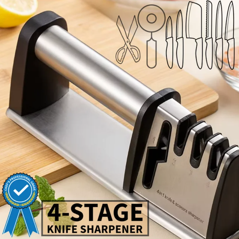 Chef's Professional 4-Stage Kitchen Knife & Scissors Sharpener with Non-Slip Base, Tungsten Steel, Diamond, Ceramic Stone Rods