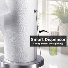 Load image into Gallery viewer, GW Tension Arm Standing Paper Towel Holder with Non-Slip Weighted Base for Countertop Kitchen, Bathroom, Durable Stainless Steel One-Handed Operation Paper Towels Rolls Dispenser, Silver
