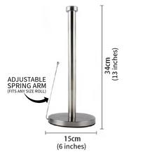 Load image into Gallery viewer, GW Tension Arm Standing Paper Towel Holder with Non-Slip Weighted Base for Countertop Kitchen, Bathroom, Durable Stainless Steel One-Handed Operation Paper Towels Rolls Dispenser, Silver